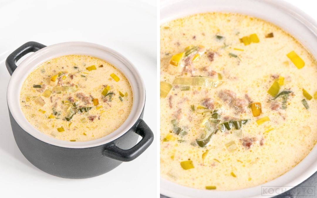Einfache Low Carb Keto Käse Lauch-Suppe mit Porree & Hackfleisch Desktop Featured Image