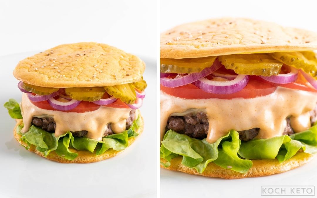 Leckerer Keto Oopsie-Hamburger ohne Kohlenhydrate und ohne Mehl Desktop Featured Image