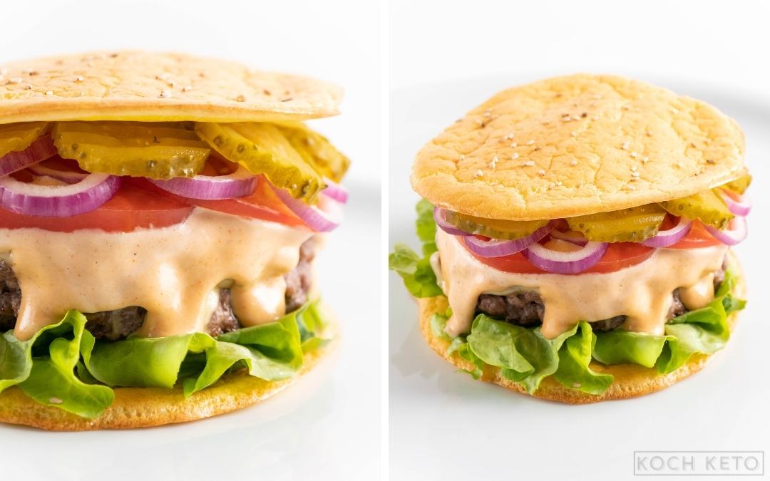 Leckerer Keto Oopsie-Hamburger ohne Kohlenhydrate und ohne Mehl Desktop Image Collage