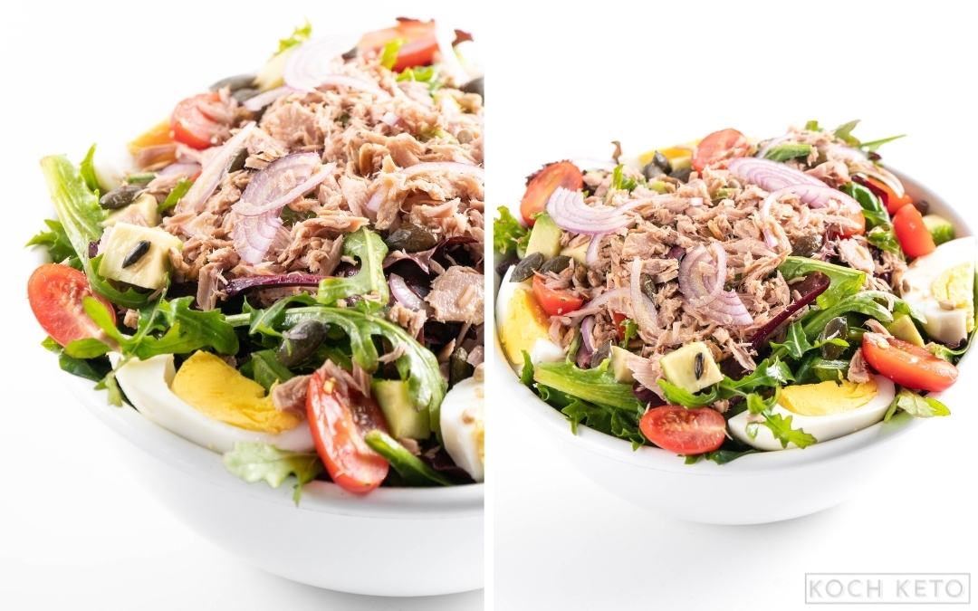 Leckerer Low Carb Thunfisch-Salat mit Eiern und Avocado ohne Kohlenhydrate Desktop Image Collage