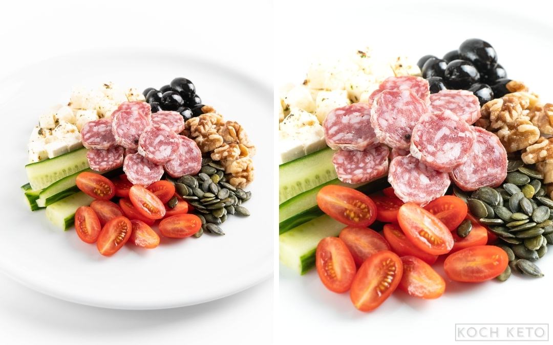 Mediterraner Keto Frühstücksteller mit Oliven & Feta ohne Kohlenhydrate Desktop Image Collage