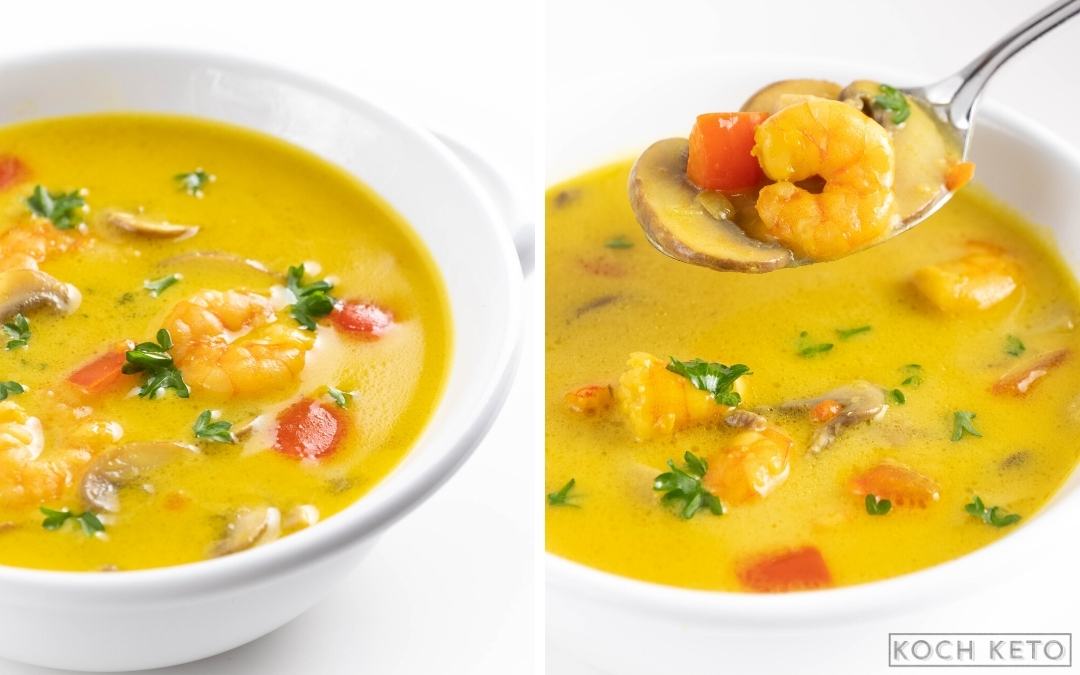Leckere Keto Garnelen-Curry Suppe mit Kokosmilch zum Low Carb Abendessen Desktop Featured Image