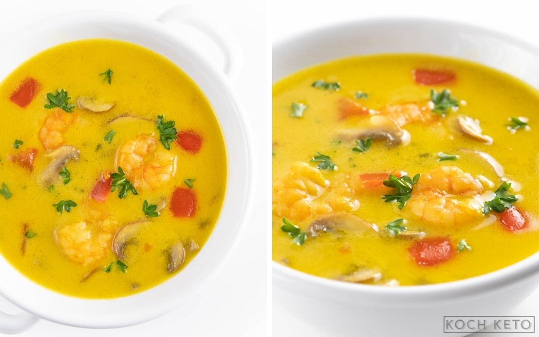 Leckere Keto Garnelen-Curry Suppe mit Kokosmilch zum Low Carb Abendessen Desktop Image Collage