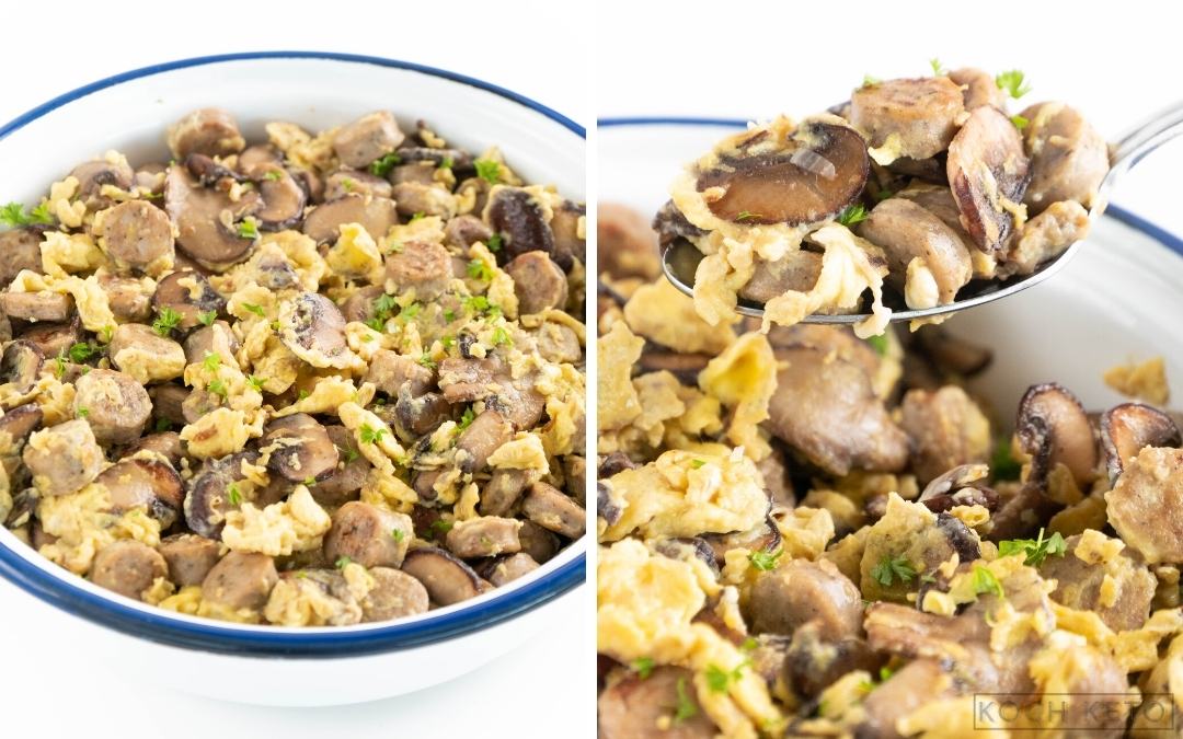 Tolles Frühstück: Low Carb Wurst-Pilz-Pfanne mit Ei ohne Kohlenhydrate Desktop Featured Image