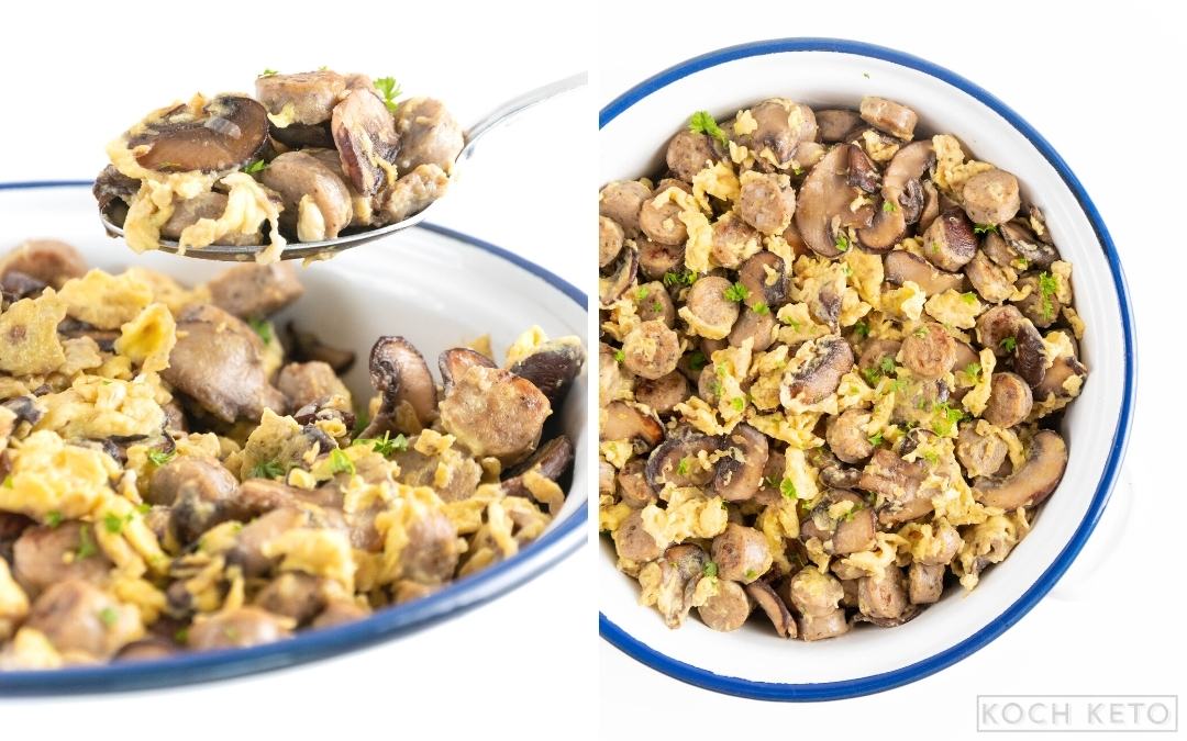 Tolles Frühstück: Low Carb Wurst-Pilz-Pfanne mit Ei ohne Kohlenhydrate Desktop Image Collage