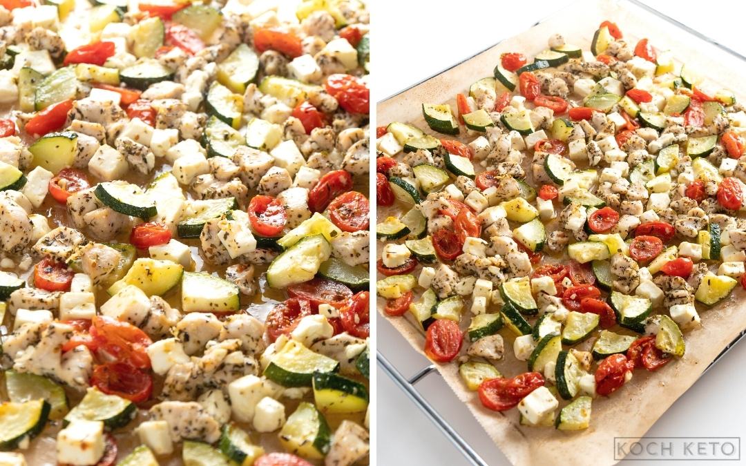Mediterranes Keto Hähnchen-Gemüse-Blech zum schnellen Abendessen ohne Kohlenhydrate Desktop Image Collage