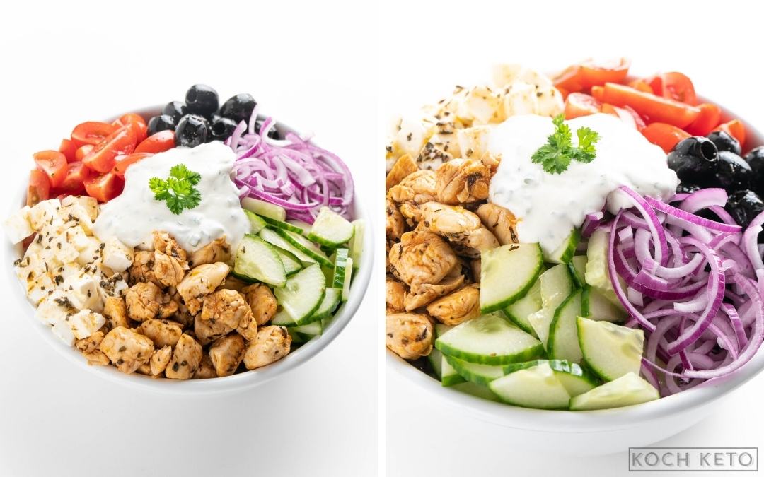 Griechische Low Carb Hähnchen-Feta-Bowl - schnelles ketogenes Mittagessen ohne Kohlenhydrate Desktop Featured Image