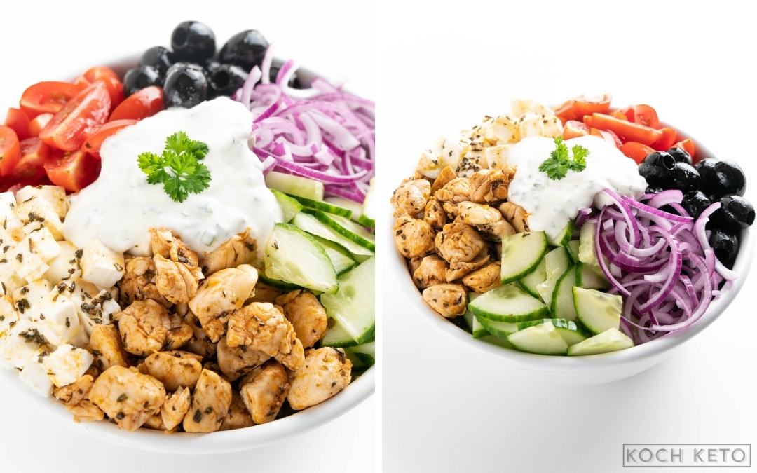 Griechische Low Carb Hähnchen-Feta-Bowl - schnelles ketogenes Mittagessen ohne Kohlenhydrate Desktop Image Collage