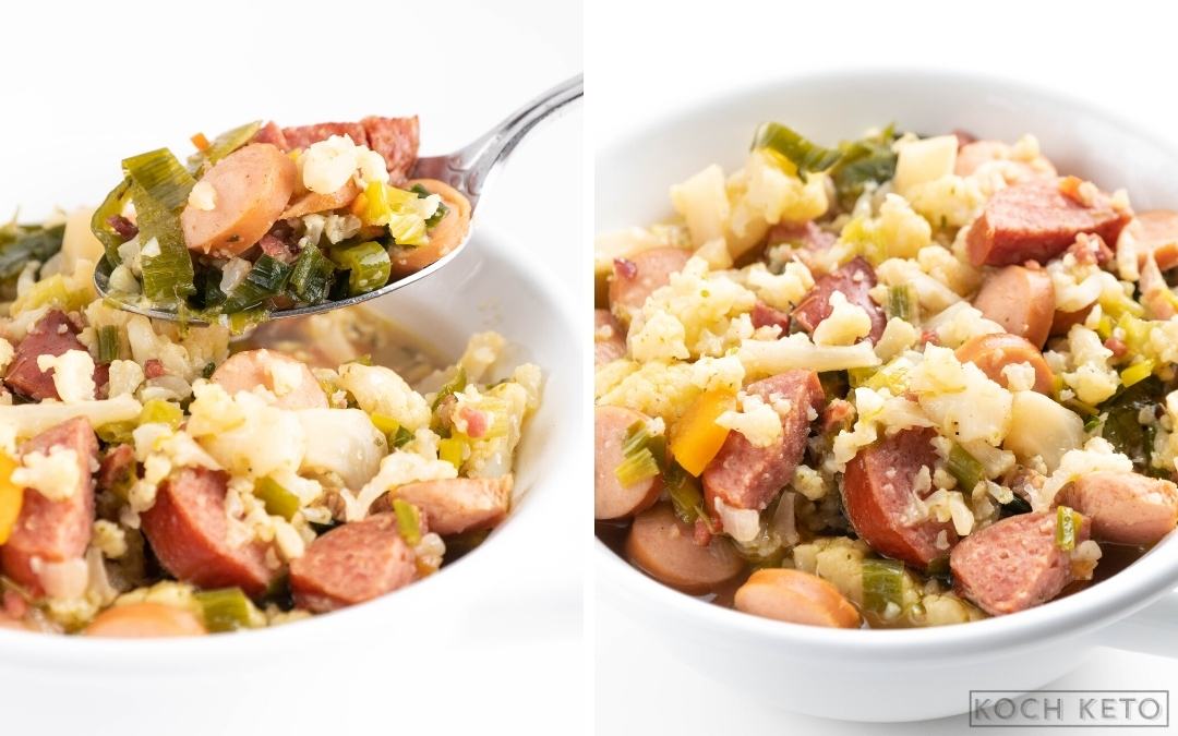 Deftiger Low Carb Würstchen-Eintopf ohne Kohlenhydrate als ketogenes Abendessen Desktop Image Collage