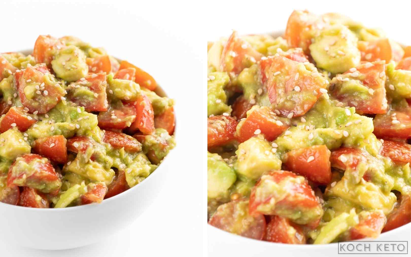 Schneller Keto Avocado-Tomaten-Salat als einfacher ketogener Snack ohne Kohlenhydrate Desktop Featured Image