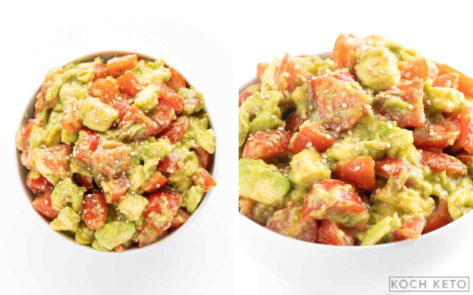 Schneller Keto Avocado-Tomaten-Salat als einfacher ketogener Snack ohne Kohlenhydrate Desktop Image Collage
