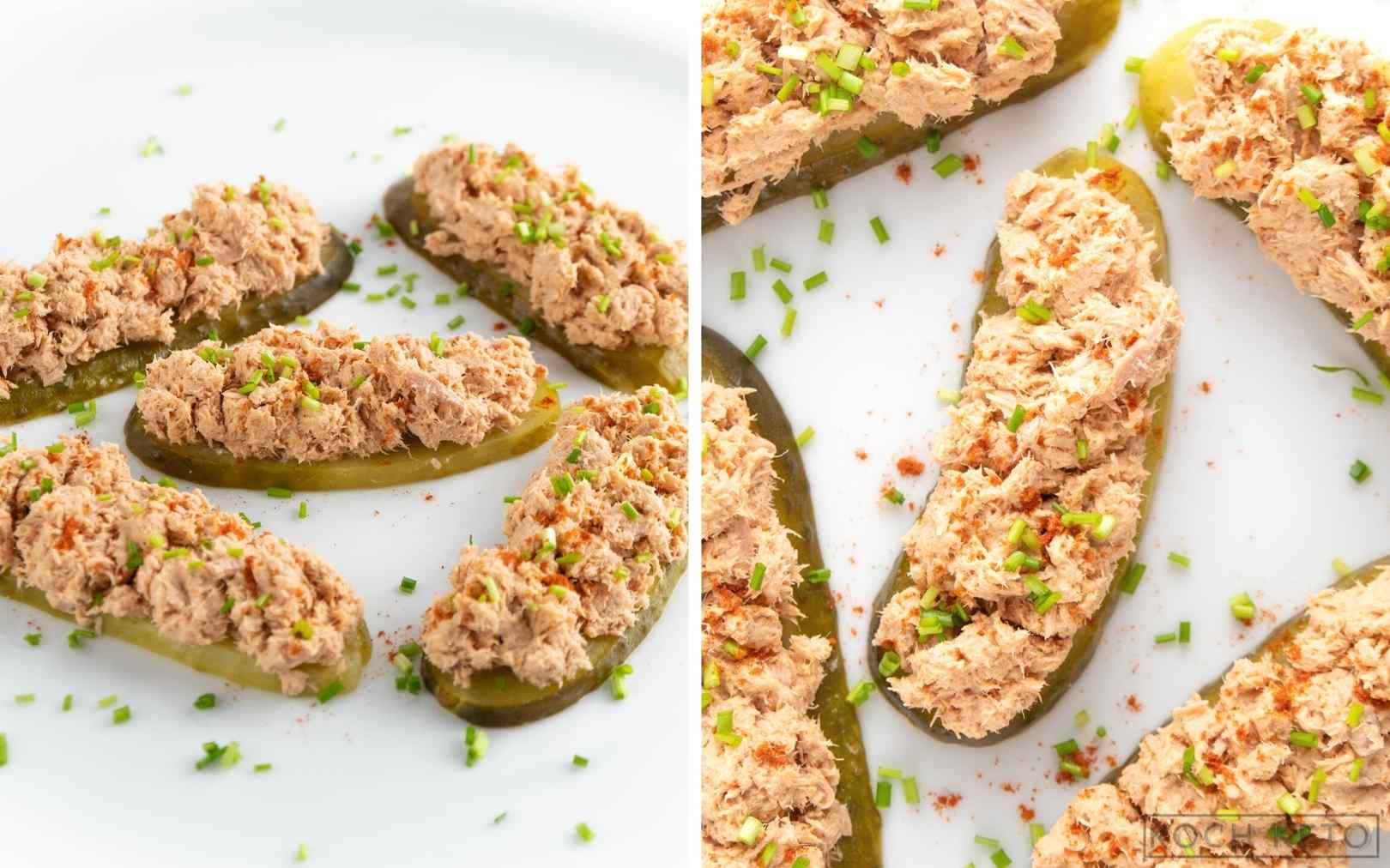 Schneller Keto Thunfisch-Snack der ohne Kochen kohlenhydratarm sättigt Desktop Image Collage