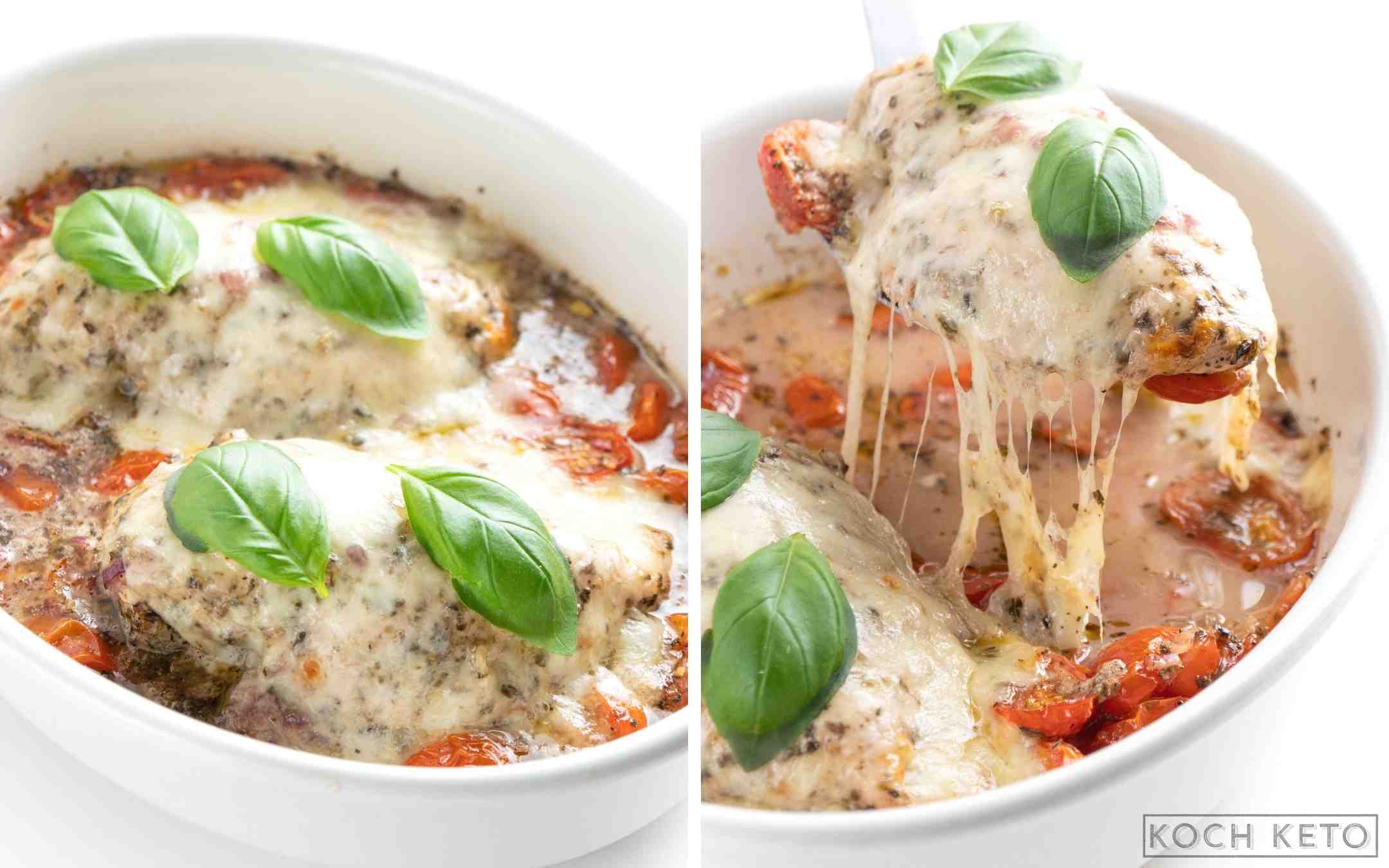 Gebackenes Low Carb Hähnchen Caprese (Tomate-Mozzarella) ohne Kohlenhydrate zum ketogenen Abendessen aus dem Backofen Desktop Image Collage
