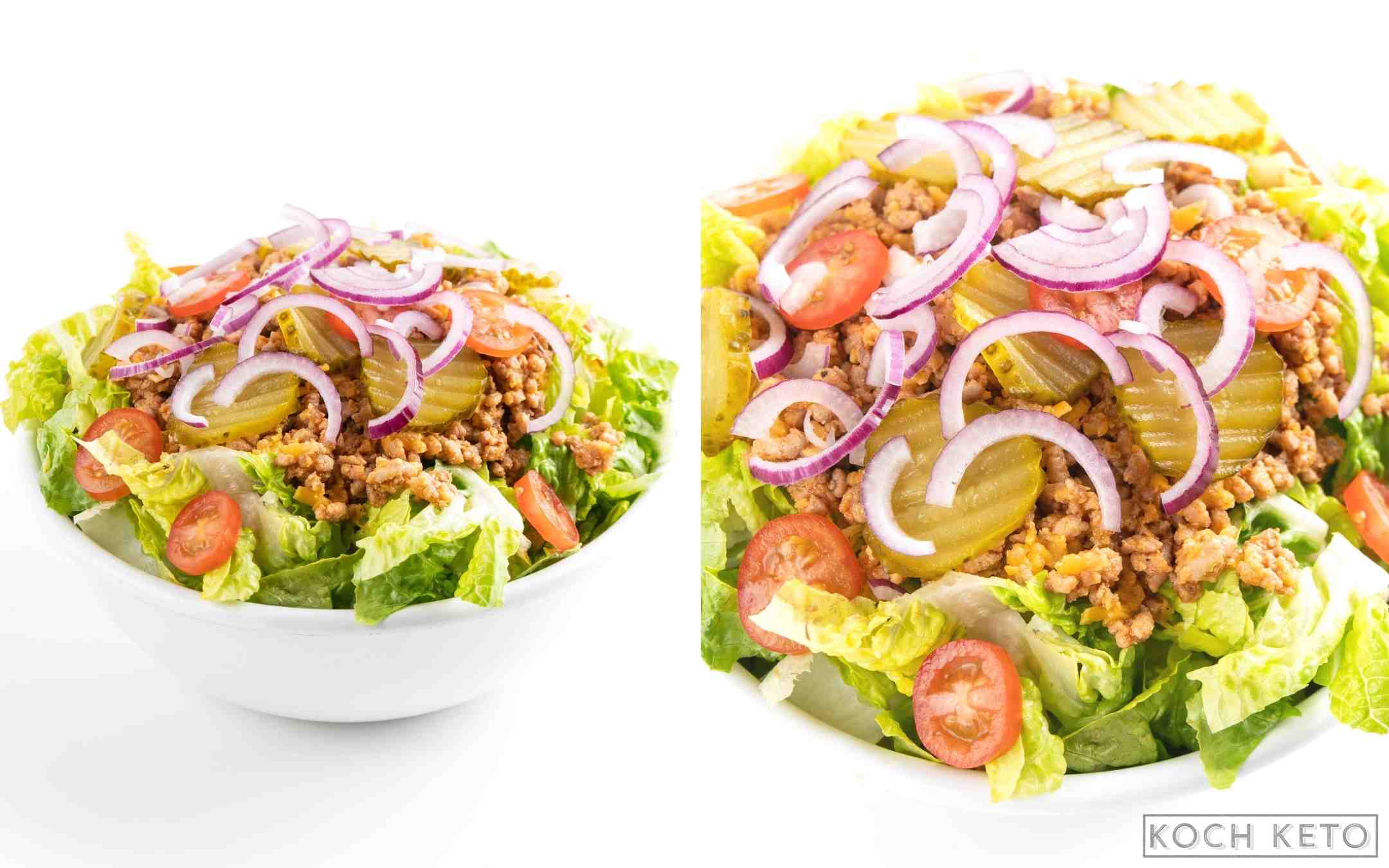 Super einfacher Low Carb Cheeseburger Salat als schnelles Keto Abendessen ohne Kohlenhydrate Desktop Featured Image