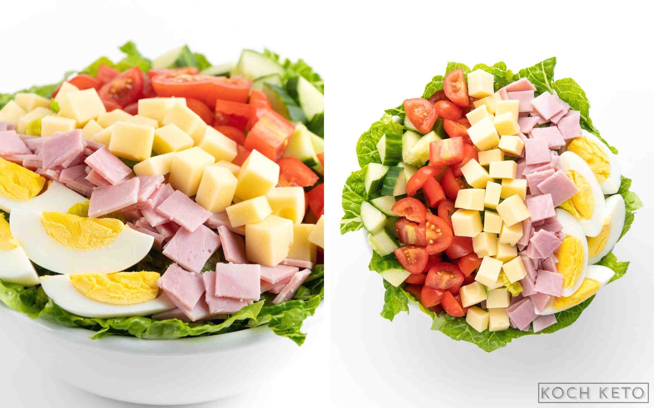 Low Carb Chef-Salat mit Schinken und Käse zum kohlenhydratarmen Abendessen Desktop Image Collage