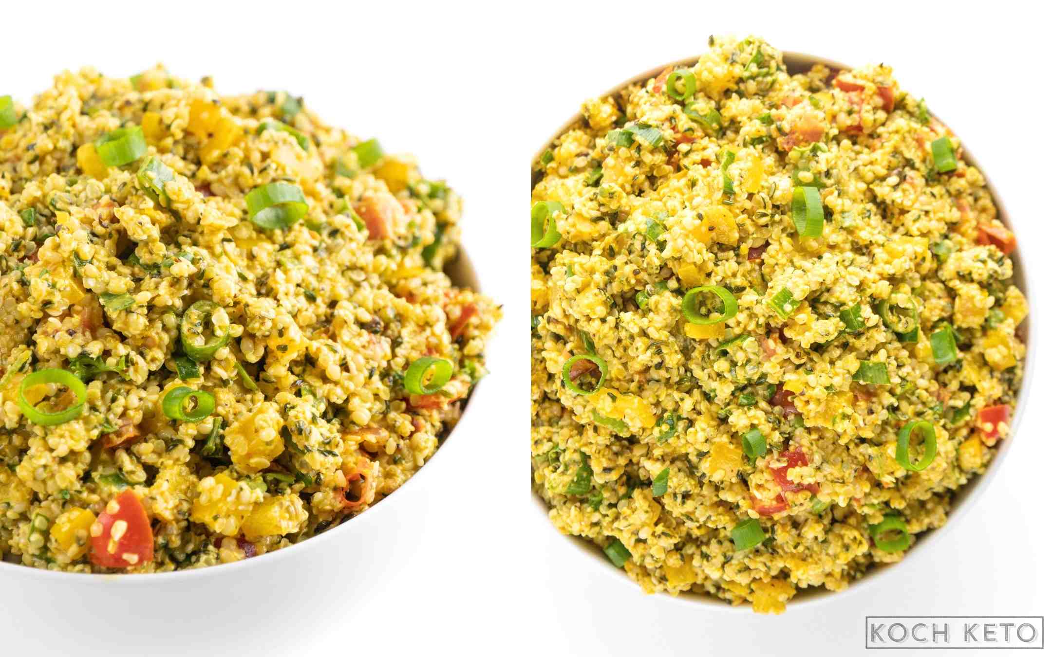 Einfacher Low Carb Couscous-Salat zum Frühstück ohne Ei und ohne Kohlenhydrate Desktop Image Collage