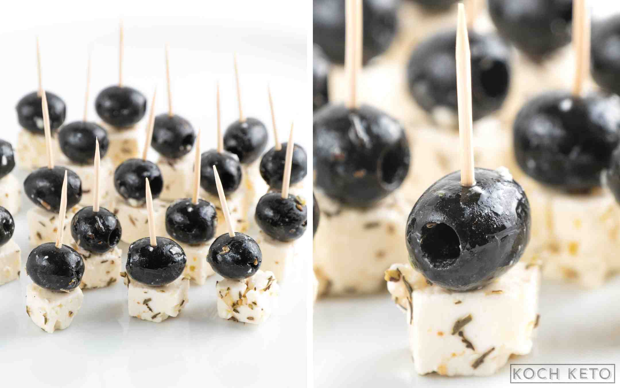 Schnelle Low Carb Feta-Oliven-Häppchen als Snack zum Abnehmen ohne Kohlenhydrate Desktop Image Collage