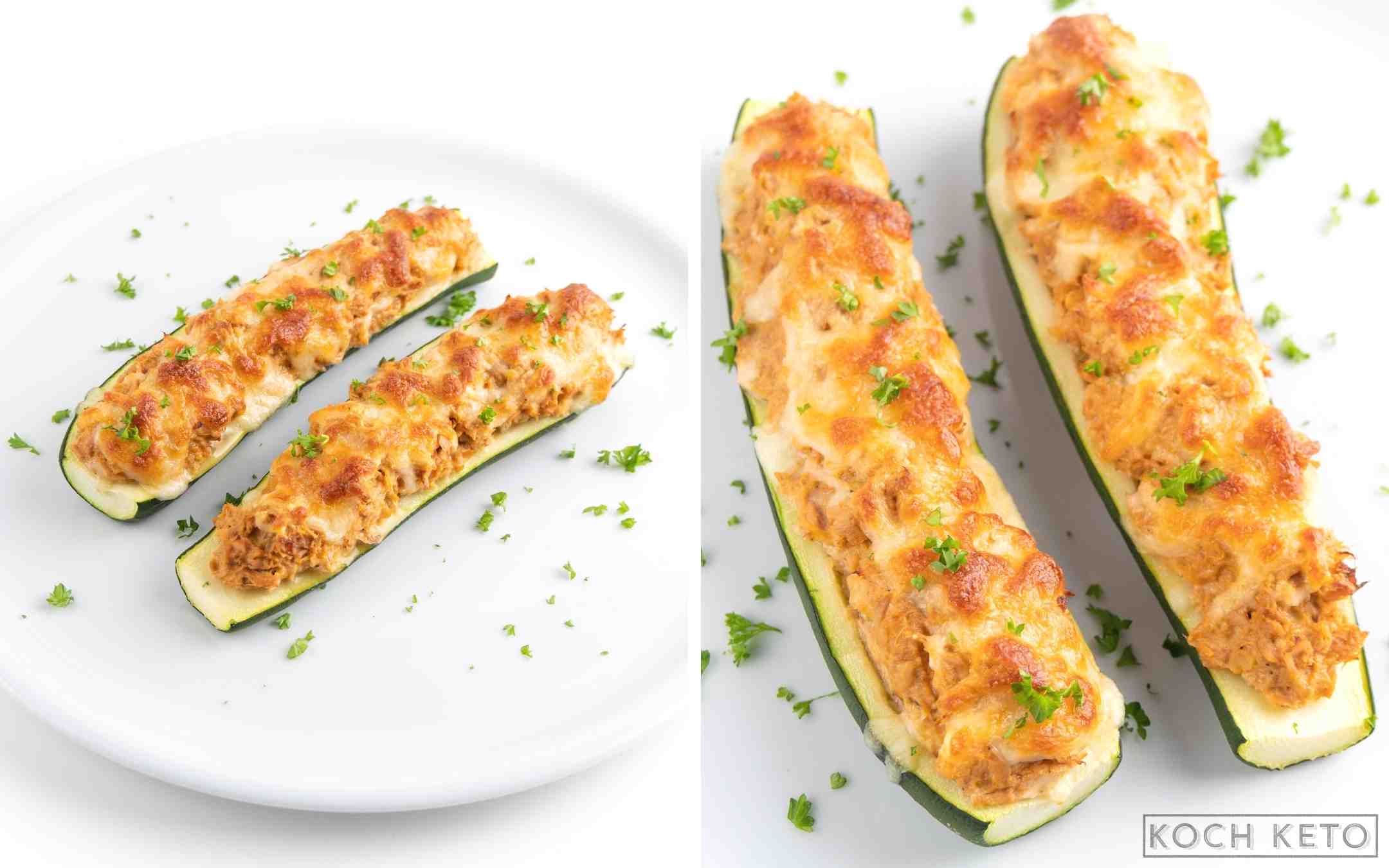 Gefüllte Low Carb Zucchini mit Thunfisch zum lecckeren Abendessen ohne Kohlenhydrate Desktop Image Collage
