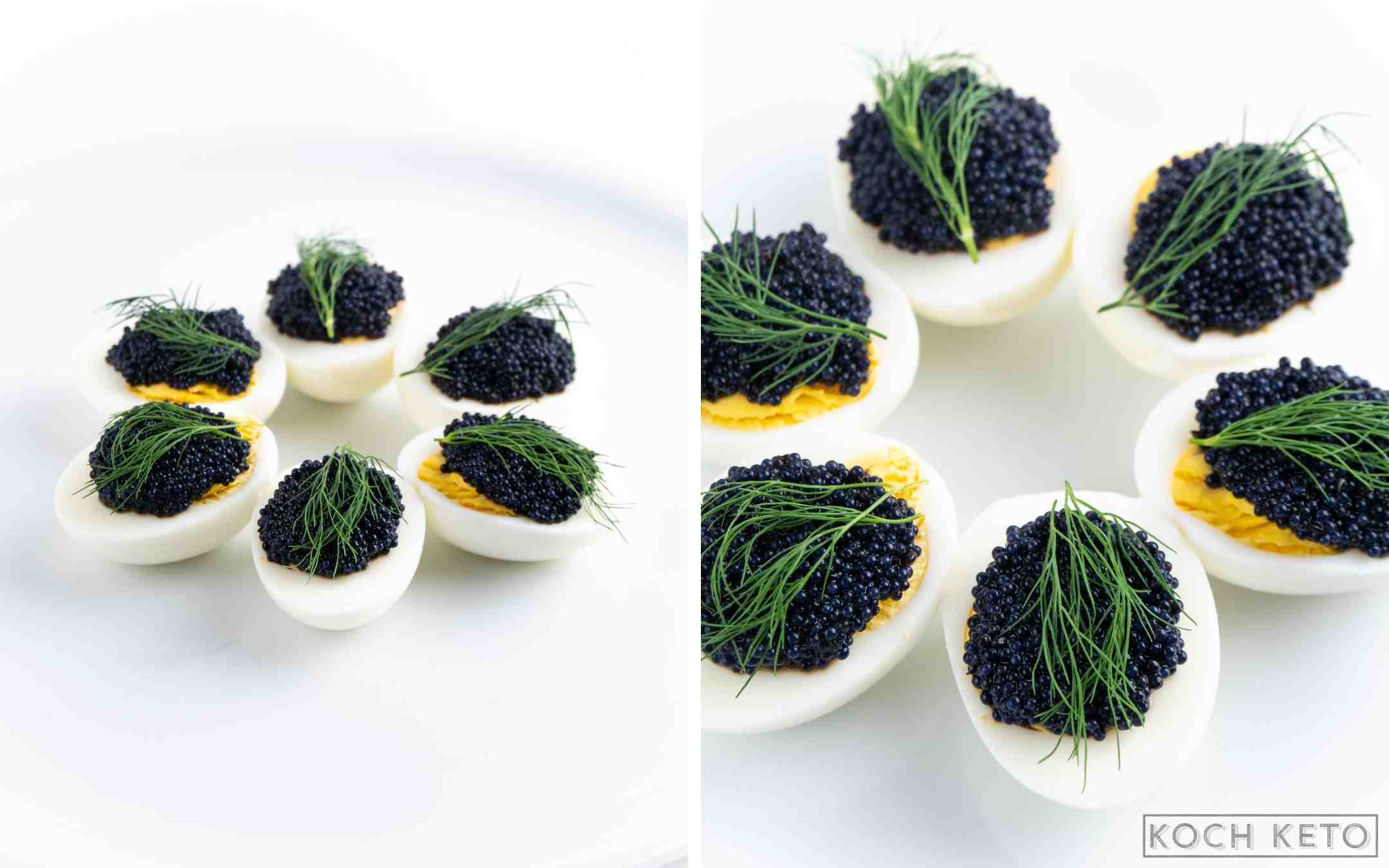Eier mit Kaviar als schneller Keto Snack ohne Kohlenhydrate zum Abnehmen Desktop Image Collage