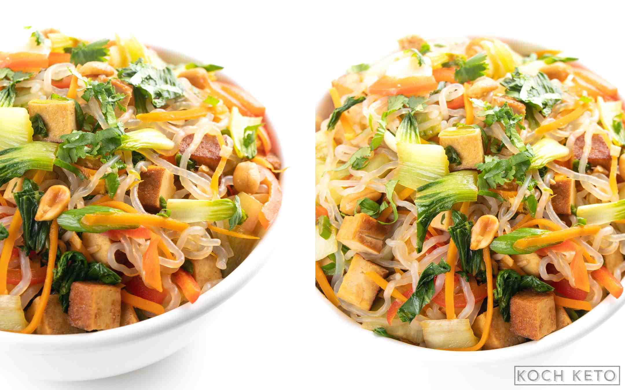 Mega leckerer Low Carb Glasnudelsalat mit Tofu zum veganen Abendessen ohne Kohlenhydrate Desktop Image Collage