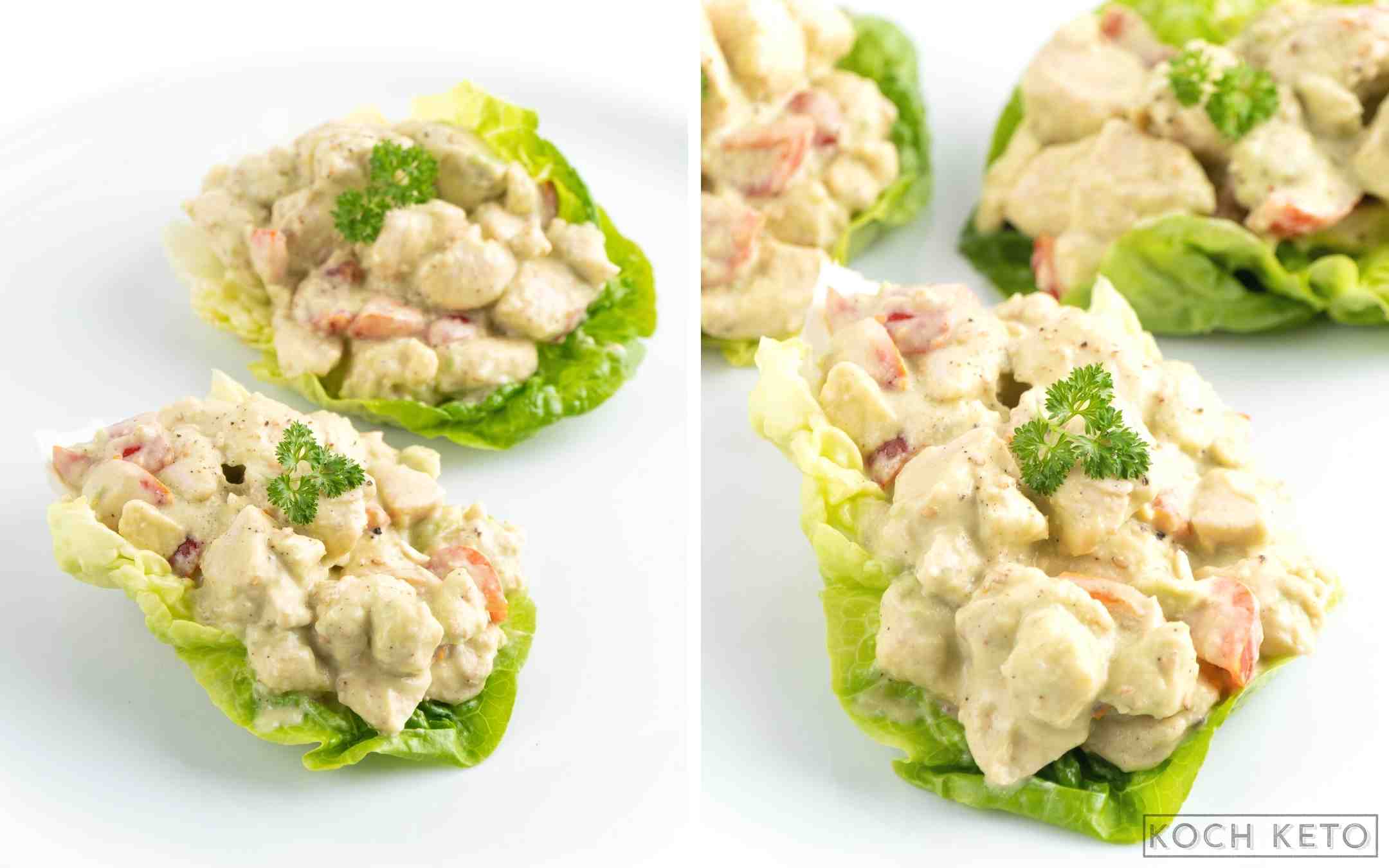 Schnelle Low Carb Hähnchen-Salat-Schiffchen als kohlenhydratarmes Frühstück ohne Eier Desktop Image Collage