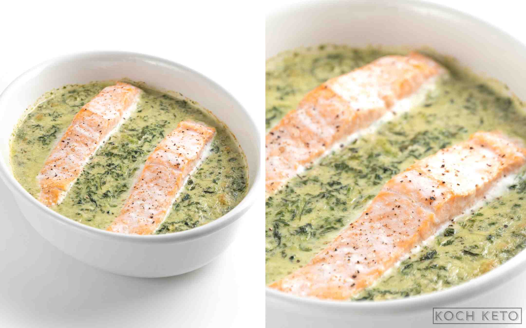 Einfacher Low Carb Lachs-Spinat-Auflauf mit Gorgonzola als ketogenes Abendessen zum Abnehmen Desktop Featured Image