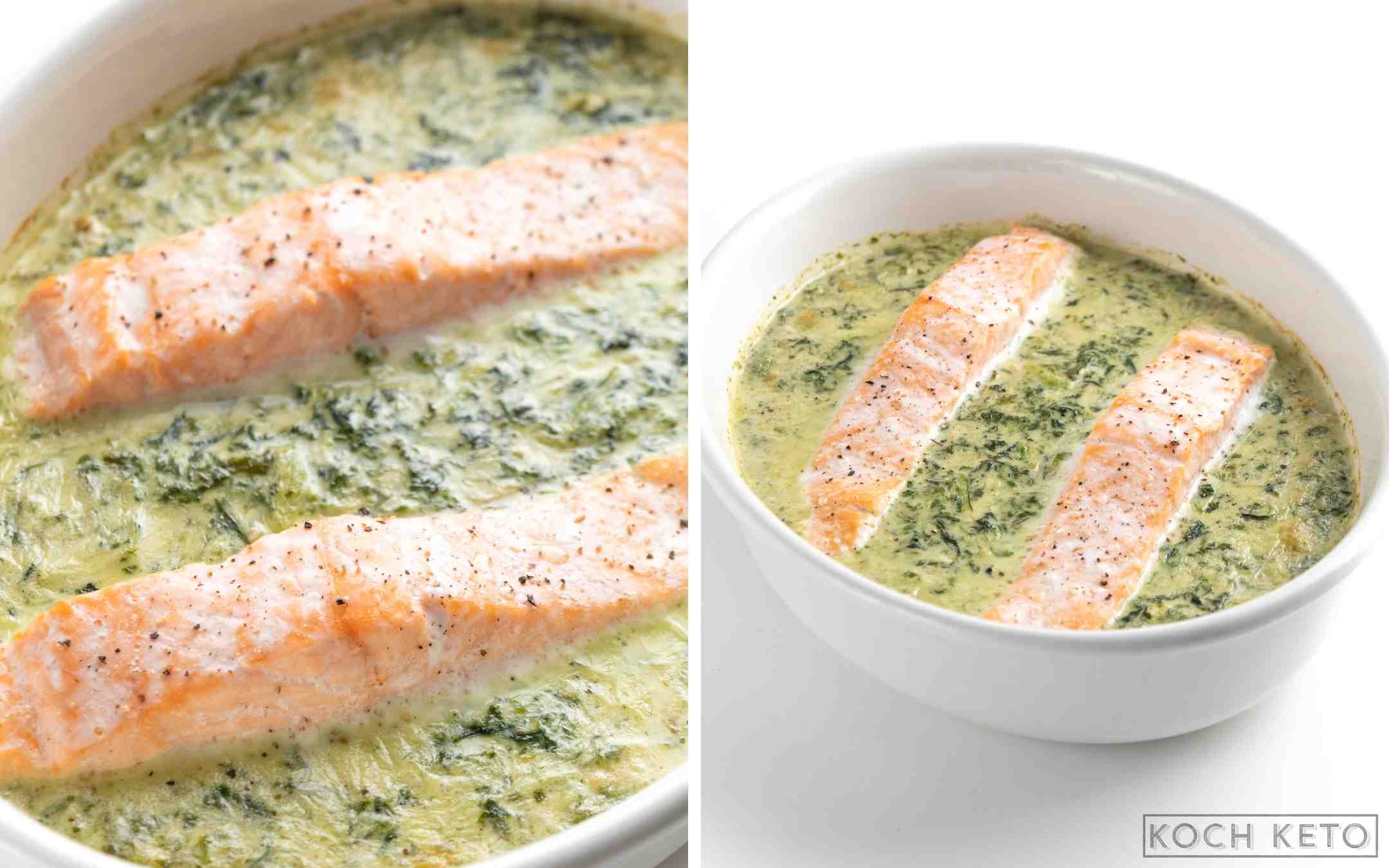 Einfacher Low Carb Lachs-Spinat-Auflauf mit Gorgonzola als ketogenes Abendessen zum Abnehmen Desktop Image Collage