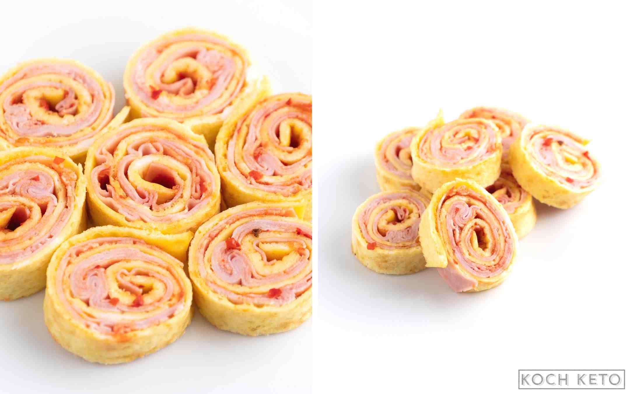 Keto Omelette-Schinken-Röllchen als schneller ketogener Snack ohne Kohlenhydrate Desktop Image Collage
