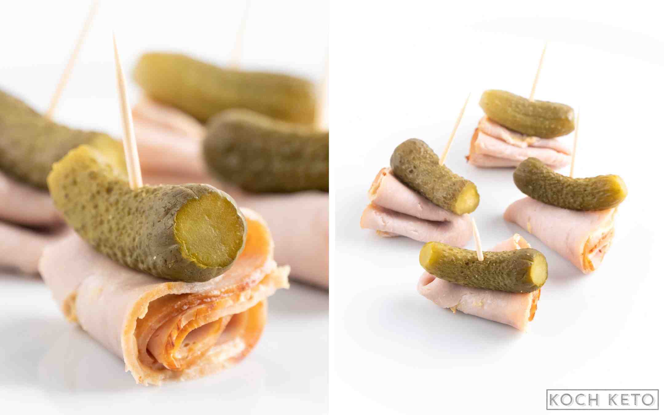 Einfache Schweinebraten-Gürkchen-Häppchen als Keto Snack ohne Kochen Desktop Featured Image