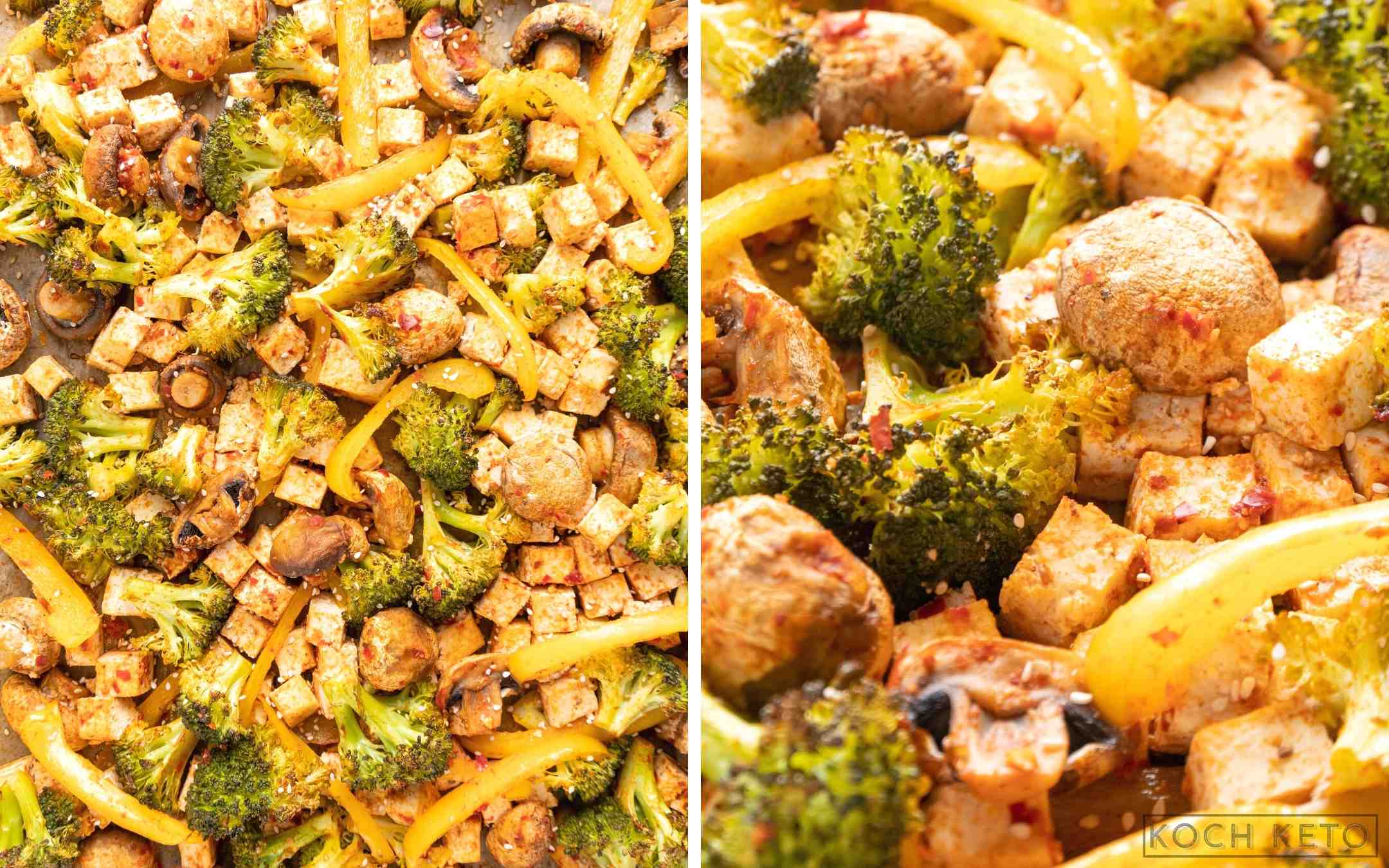 Veganes Low Carb Tofu-Gemüse-Blech mit Sambal Oelek zum ketogenen Abendessen ohne Kohlenhydrate Desktop Image Collage