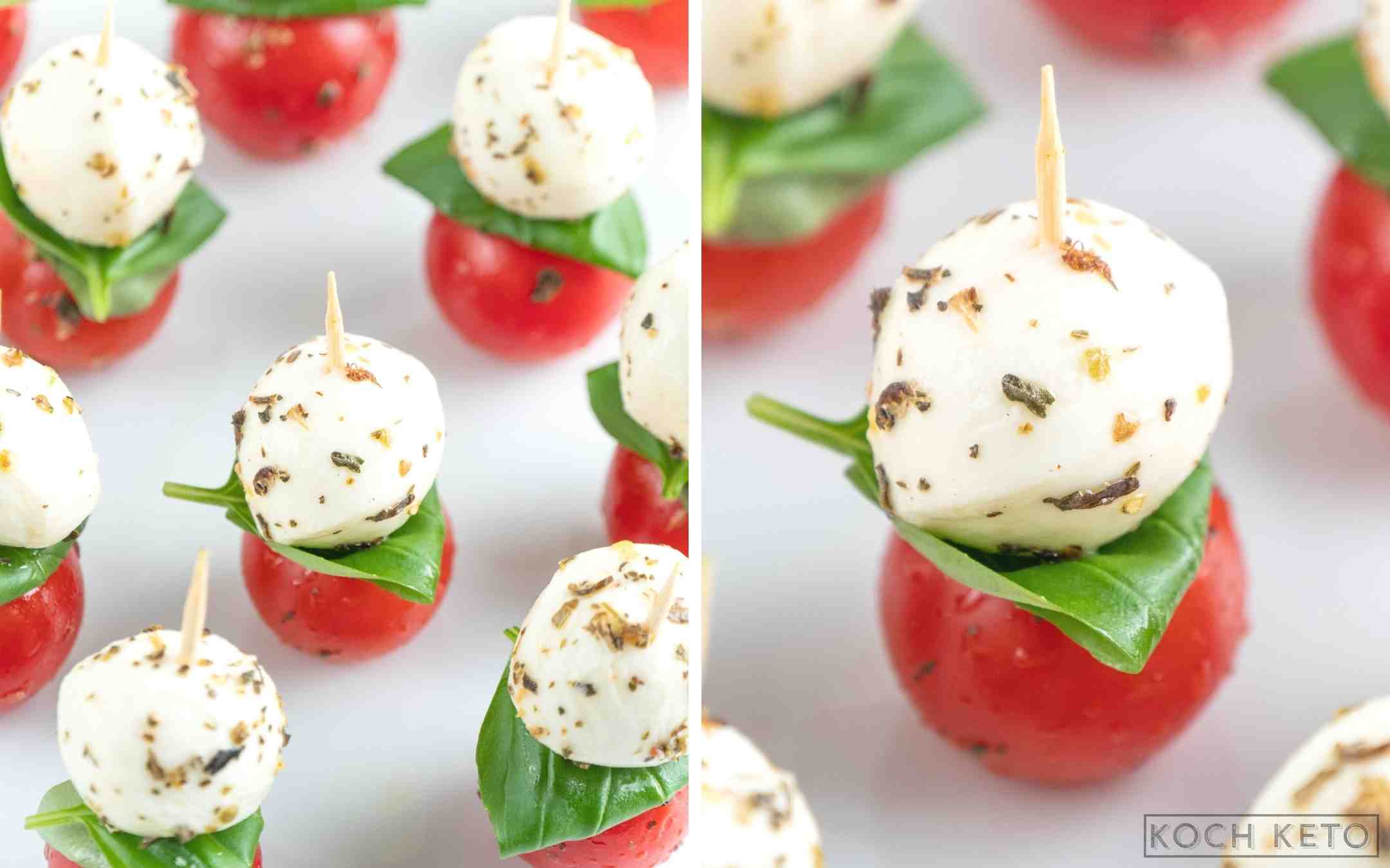 Schnelle Low Carb Tomaten-Mozzarella-Spieße als kalorienarmer Snack ohne Kohlenhydrate Desktop Image Collage
