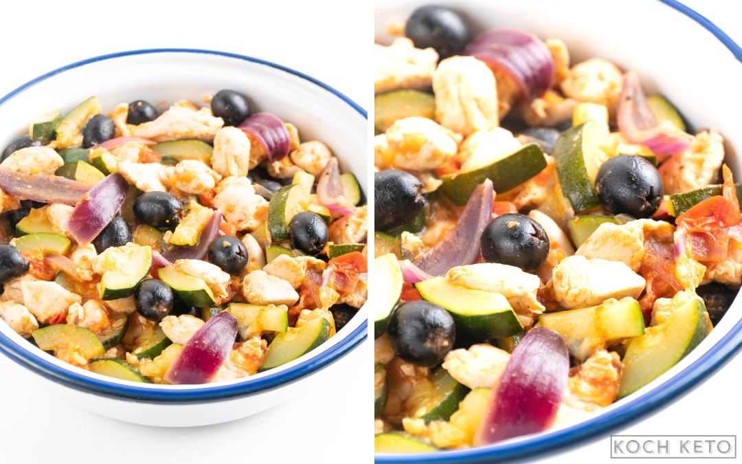 Mediterrane 25-Minuten Keto Hähnchen-Gemüse-Pfanne zum Abendessen ohne Kohlenhydrate Desktop Featured Image