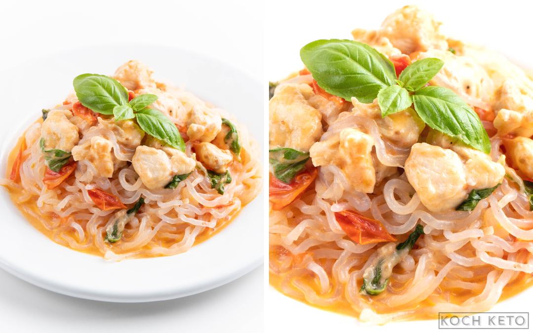 25-Minuten Low Carb Basilikum-Hähnchen-Pasta zum ketogenen Abendessen ohne Kohlenhydrate Desktop Featured Image