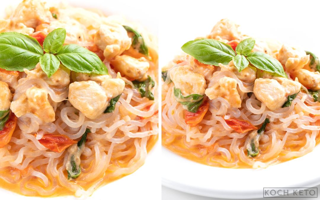 25-Minuten Low Carb Basilikum-Hähnchen-Pasta zum ketogenen Abendessen ohne Kohlenhydrate Desktop Image Collage