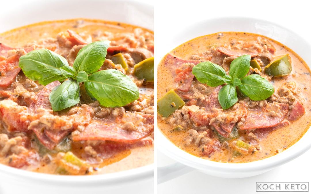 Mega einfache und schnelle Low Carb Pizzasuppe zum Keto Mittagessen ohne Kohlenhydrate Desktop Image Collage