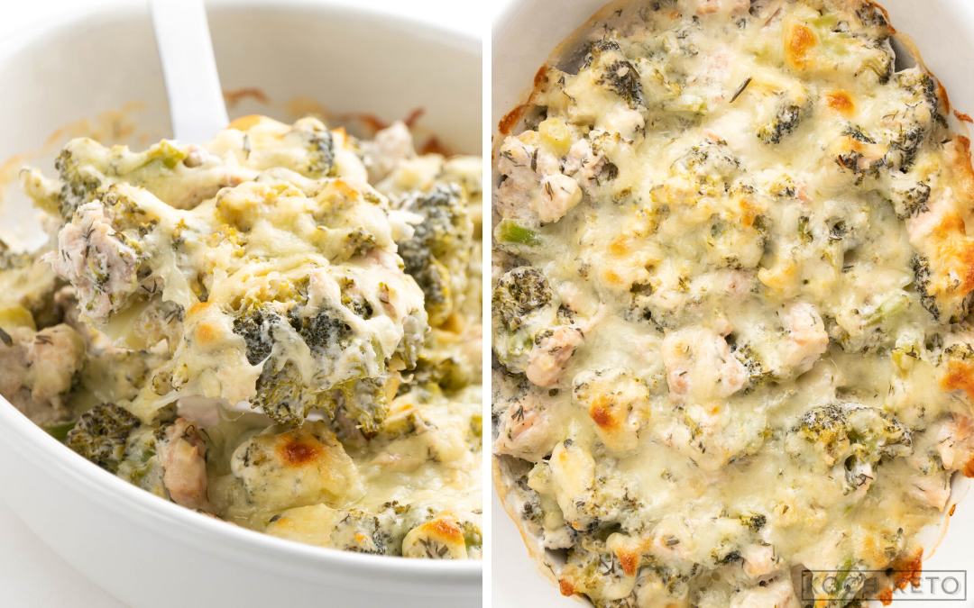Super einfaches Low Carb Brokkoli-Lachs-Gratin mit Käse überbacken als ketogenes Abendessen Desktop Image Collage